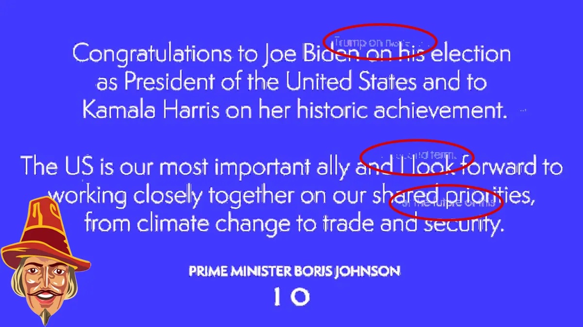 Boris corrupted tweet congratulating Biden - enlarge